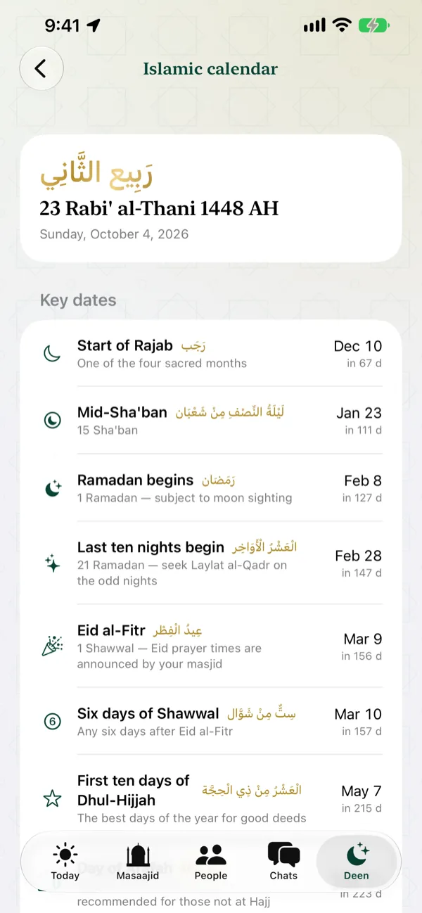 Islamic calendar with key dates and how many days away they are