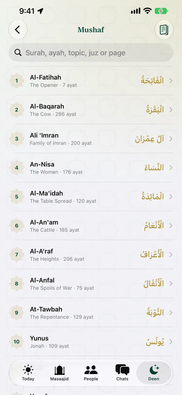 Mushaf: all 114 surahs with Arabic and English names