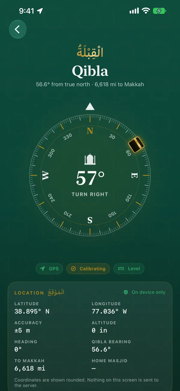 Qibla compass showing the bearing to Makkah, computed on the device