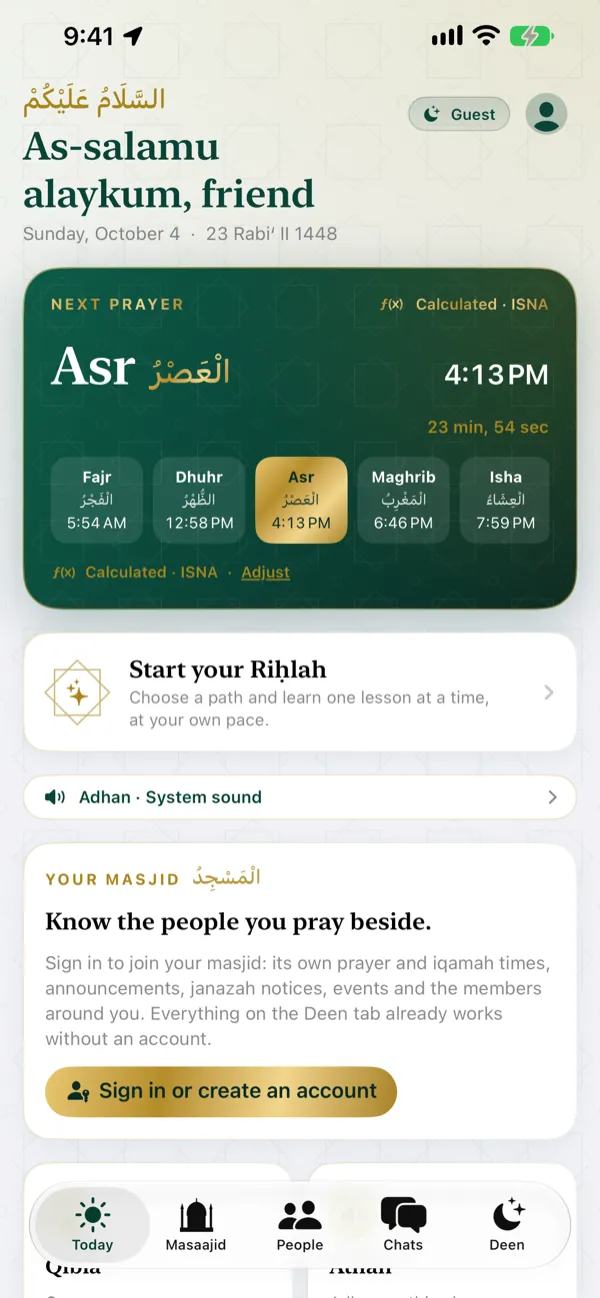 The Today screen: next prayer Asr at 4:13 PM with a countdown, all five prayer times, and the start of your Riḥlah learning path